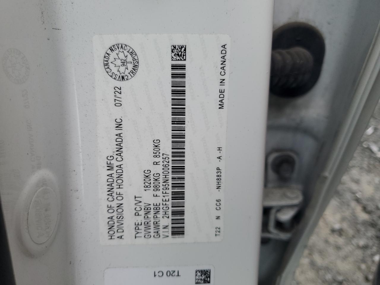 2022 HONDA CIVIC TOURING VIN:2HGFE1F95NH006257