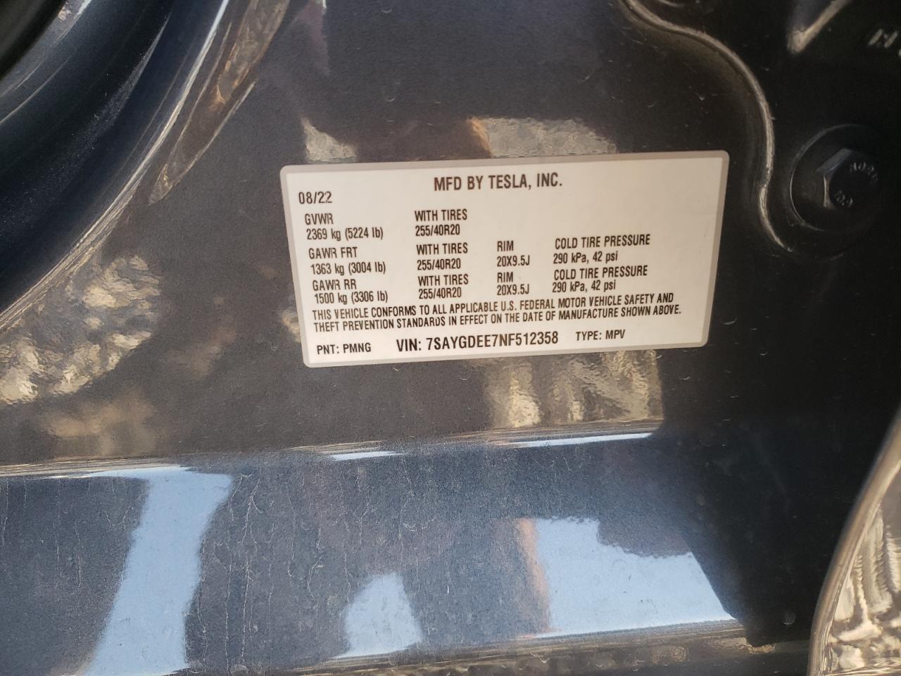 2022 TESLA MODEL Y VIN:7SAYGDEE7NF512358