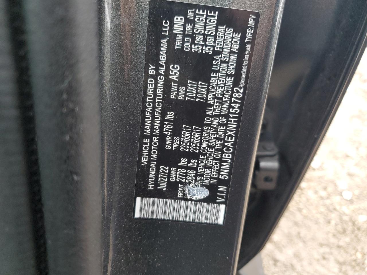 2022 HYUNDAI TUCSON SEL VIN:5NMJBCAEXNH154782