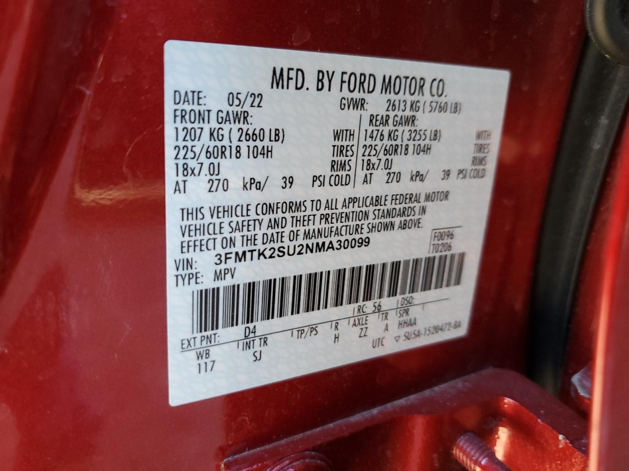 2022 FORD MUSTANG MACH-E CALIFORNIA ROUTE 1 VIN:3FMTK2SU2NMA30099