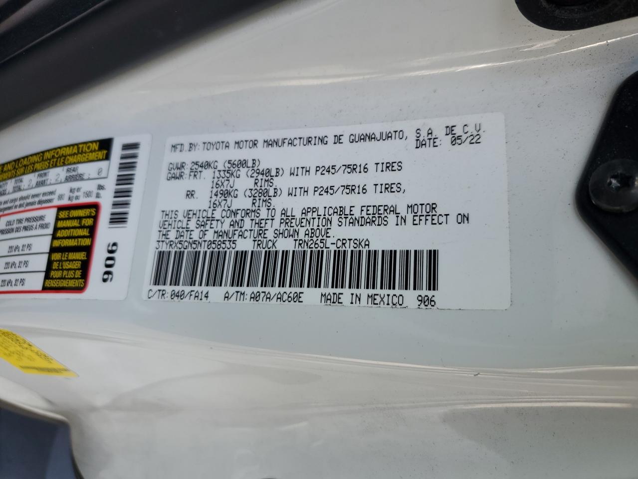 2022 TOYOTA TACOMA ACCESS CAB VIN:3TYRX5GN5NT058535