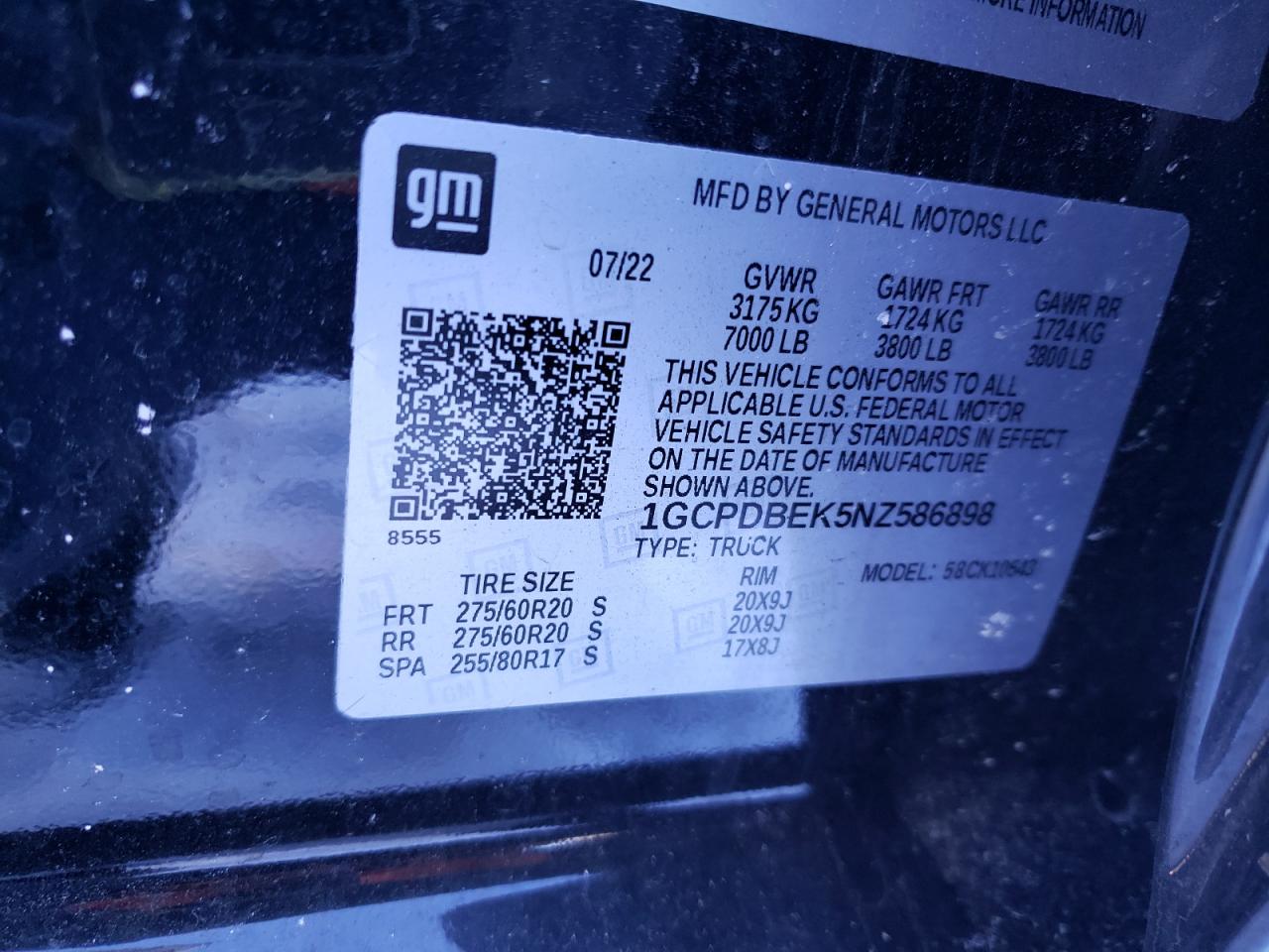 2022 CHEVROLET SILVERADO K1500 CUSTOM VIN:1GCPDBEK5NZ586898