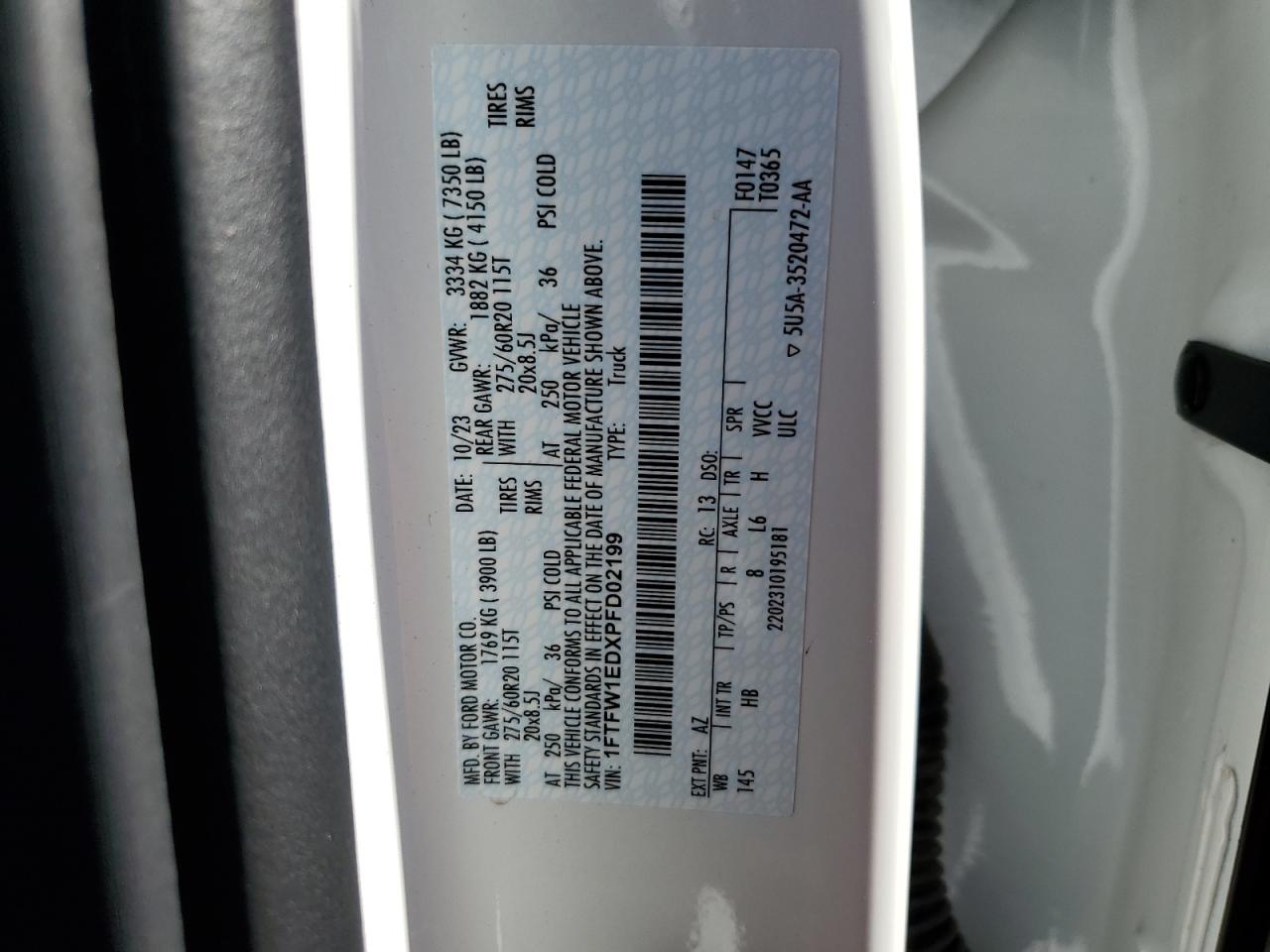 2023 FORD F150 SUPERCREW VIN:1FTFW1EDXPFD02199