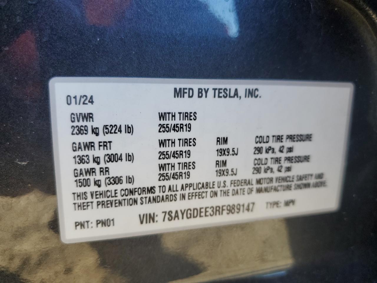 2024 TESLA MODEL Y VIN:7SAYGDEE3RF989147