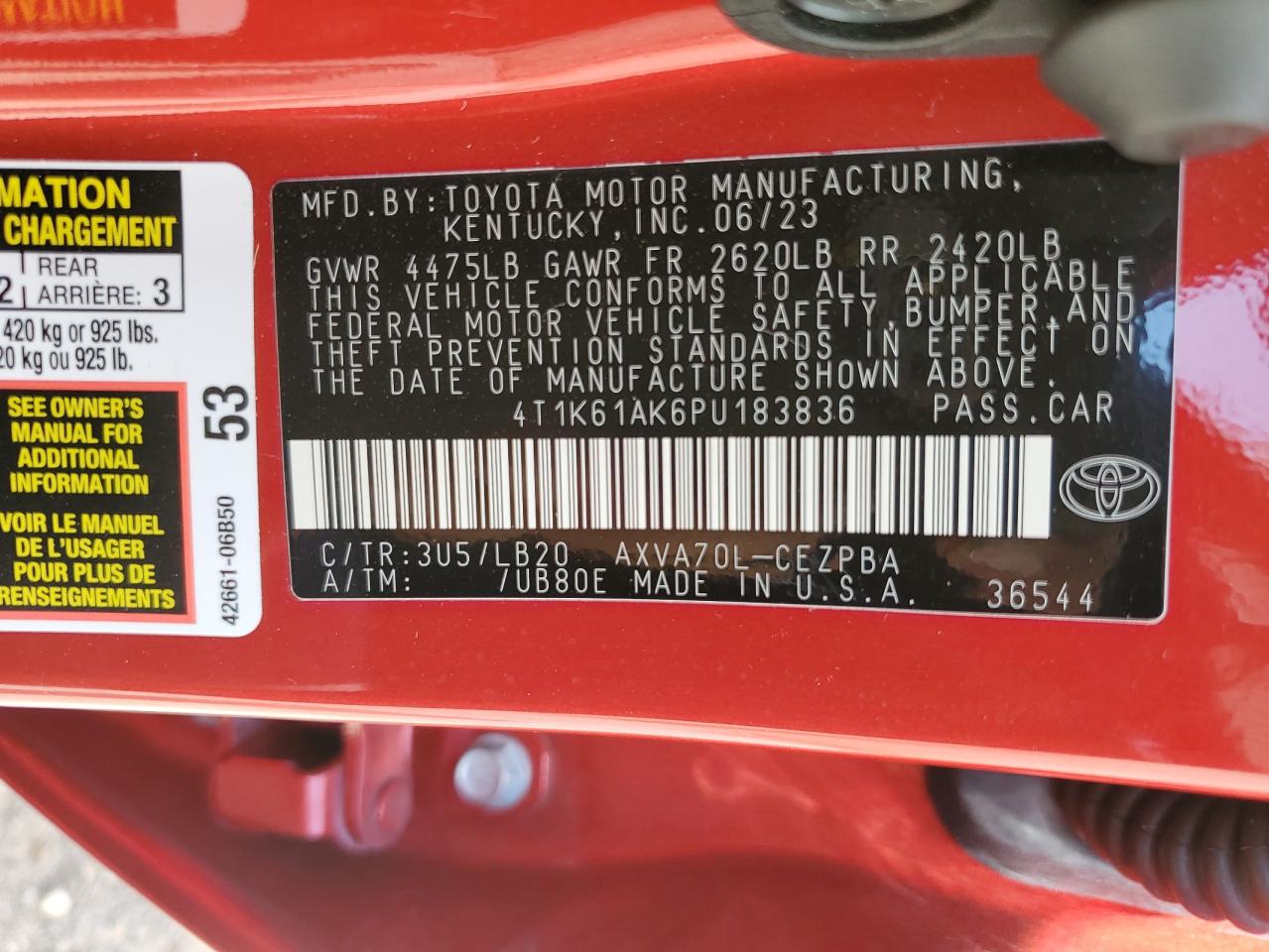 2023 TOYOTA CAMRY XSE VIN:4T1K61AK6PU183836