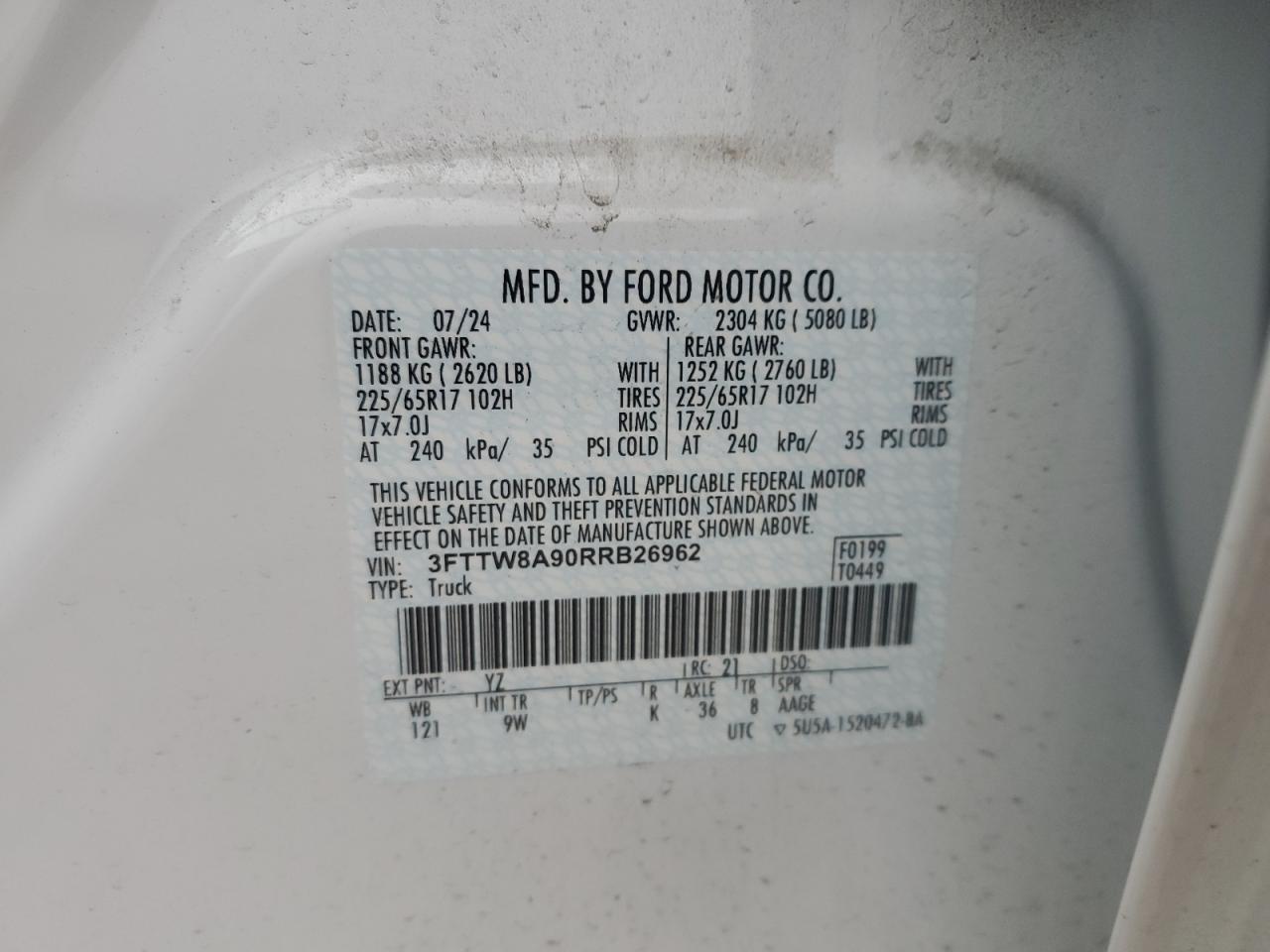 2024 FORD MAVERICK XL VIN:3FTTW8A90RRB26962