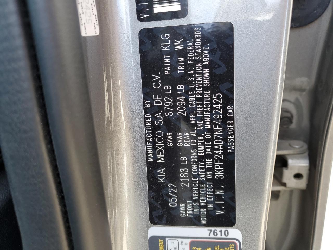 2022 KIA FORTE FE VIN:3KPF24AD7NE492425