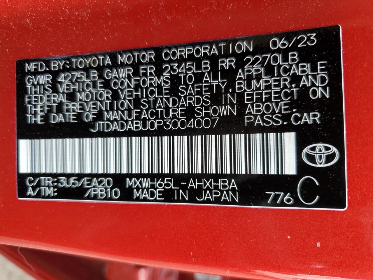 2023 TOYOTA PRIUS LE VIN:JTDADABU0P3004007