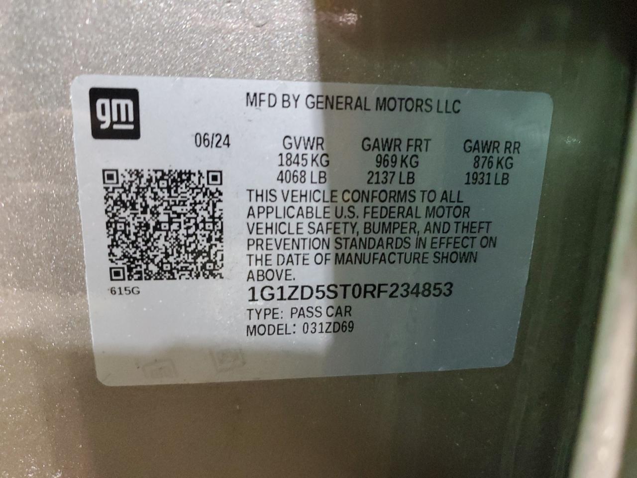 2024 CHEVROLET MALIBU LT VIN:1G1ZD5ST0RF234853