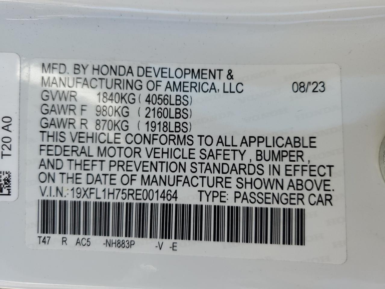 2024 HONDA CIVIC EXL VIN:19XFL1H75RE001464
