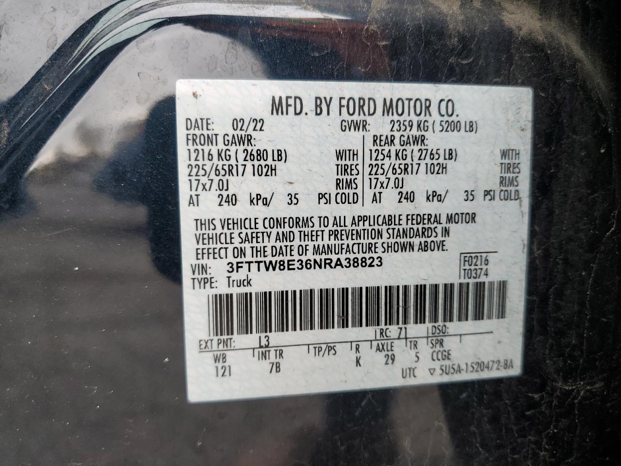 2022 FORD MAVERICK XL VIN:3FTTW8E36NRA38823