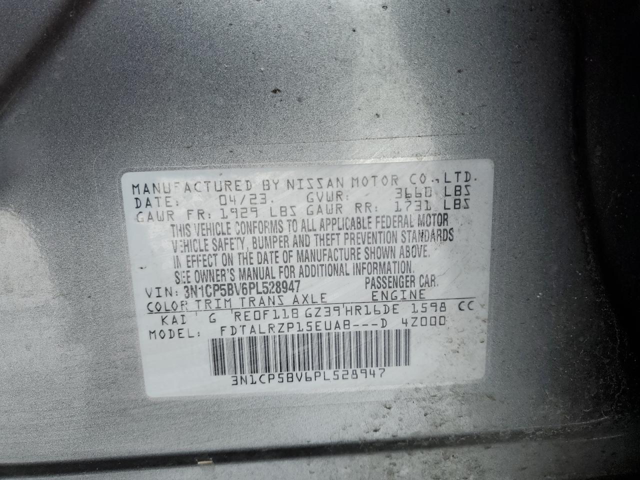 2023 NISSAN KICKS S VIN:3N1CP5BV6PL528947