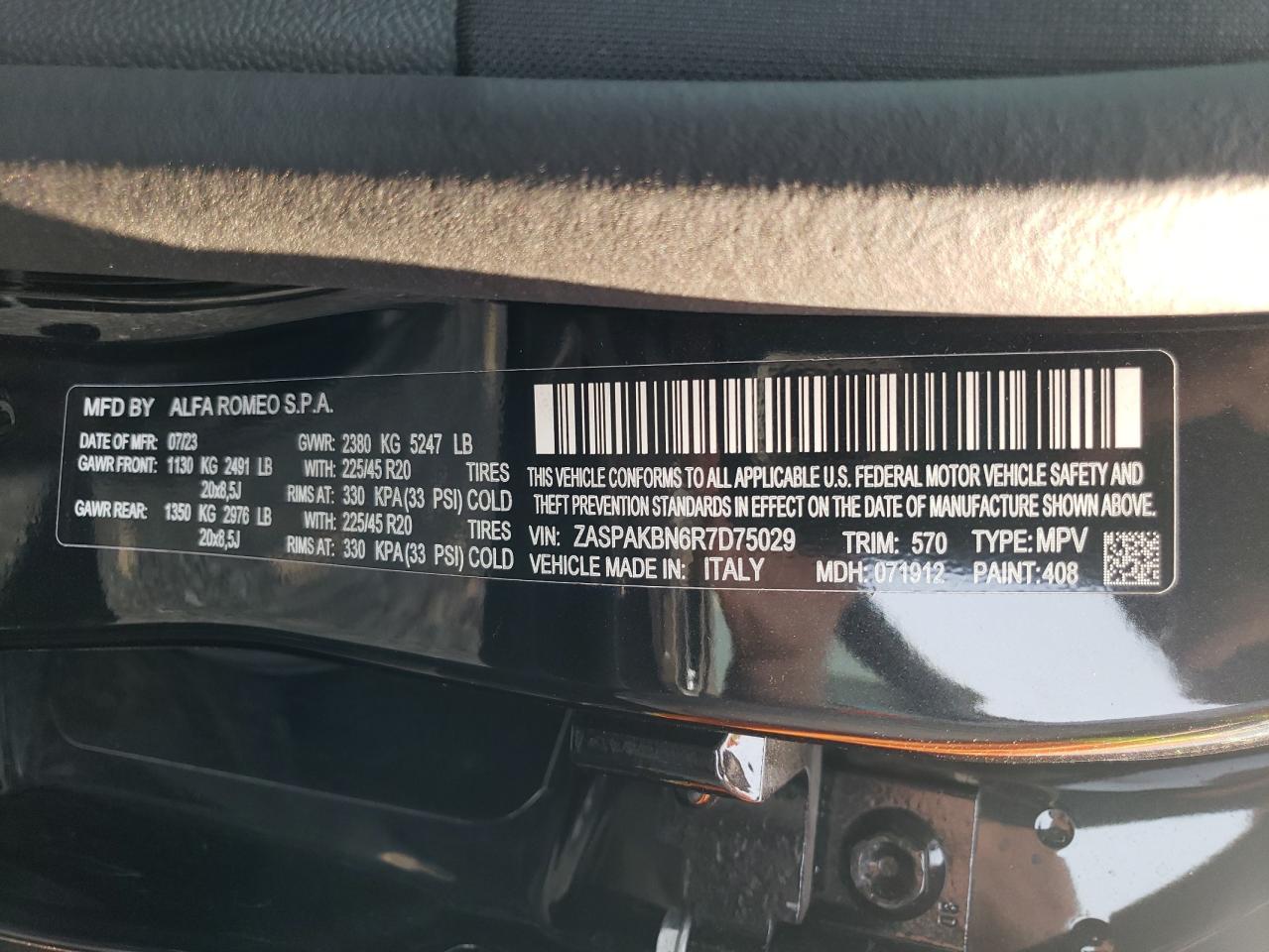 2024 ALFA ROMEO STELVIO TI VIN:ZASPAKBN6R7D75029