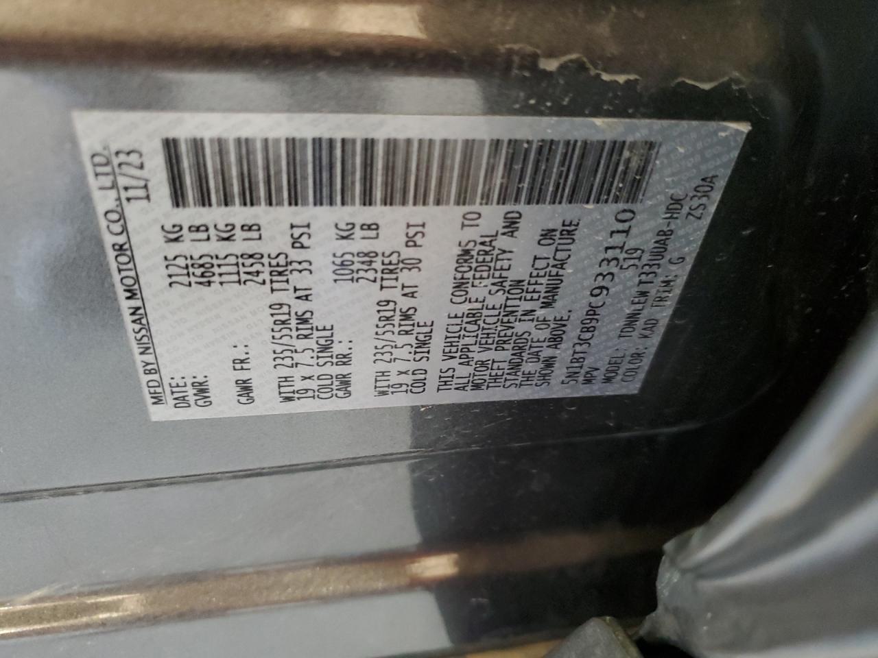 2023 NISSAN ROGUE SL VIN:5N1BT3CB9PC933110