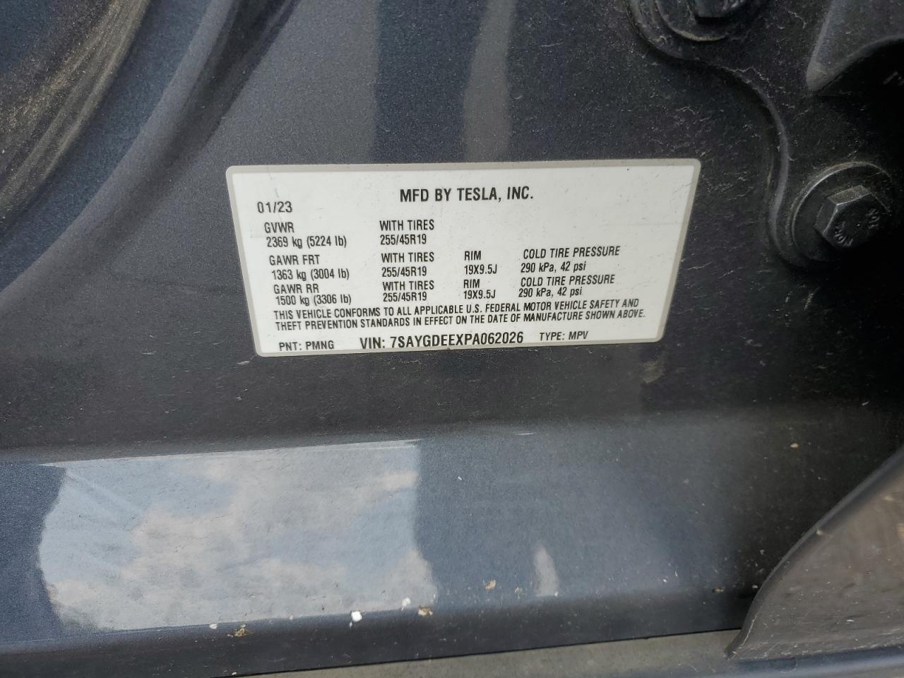 2023 TESLA MODEL Y VIN:7SAYGDEEXPA062026