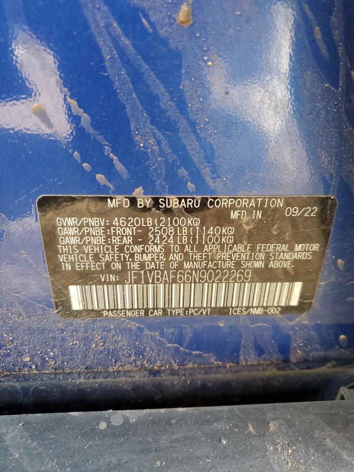 2022 SUBARU WRX PREMIUM VIN:JF1VBAF66N9022269