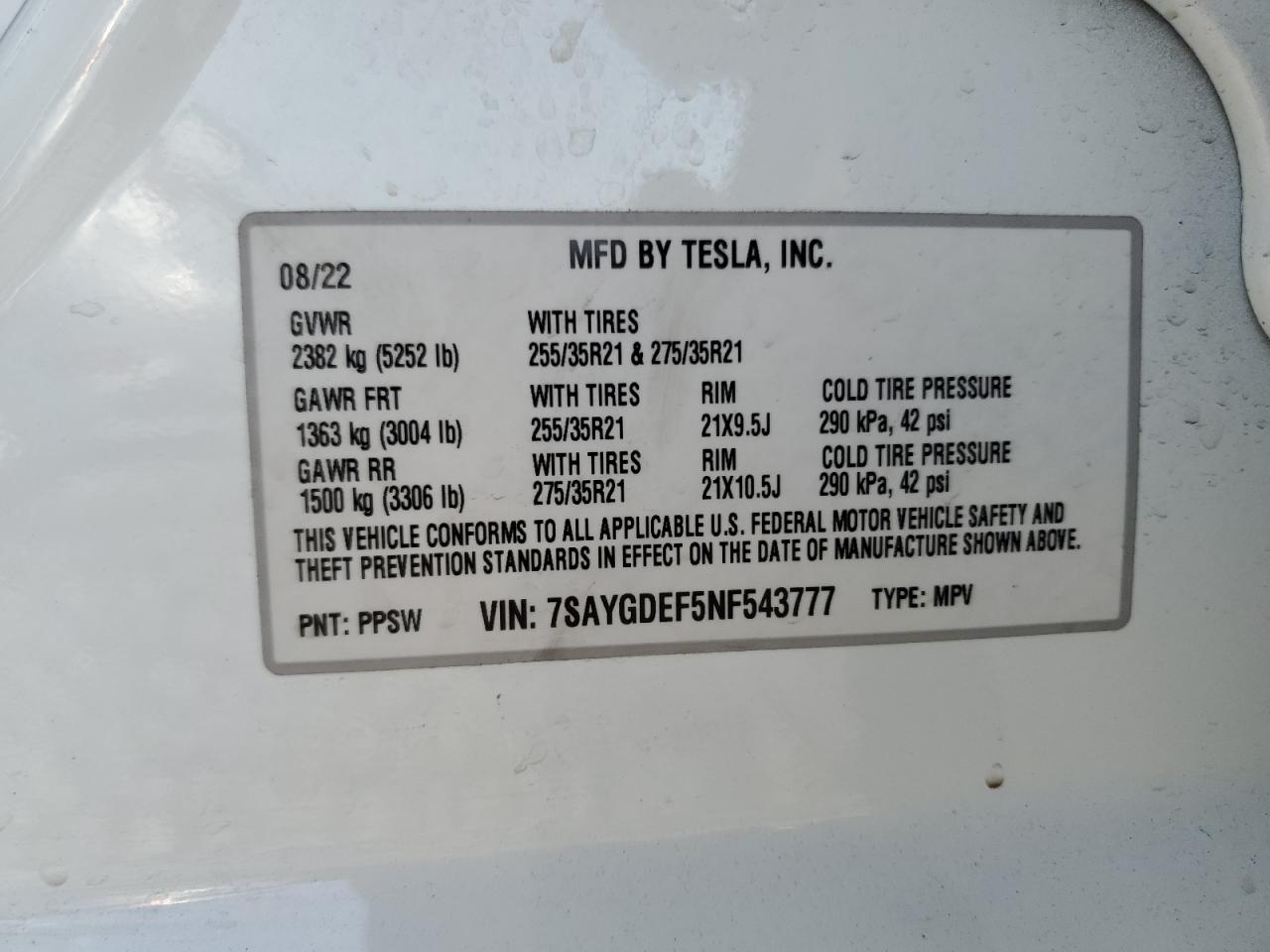 2022 TESLA MODEL Y VIN:7SAYGDEF5NF543777