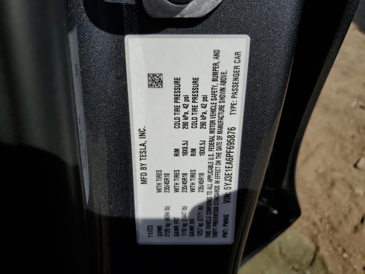 2023 TESLA MODEL 3 VIN:5YJ3E1EA6PF695876