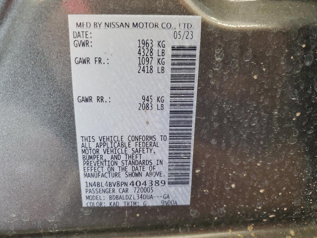 2023 NISSAN ALTIMA S VIN:1N4BL4BV8PN404389