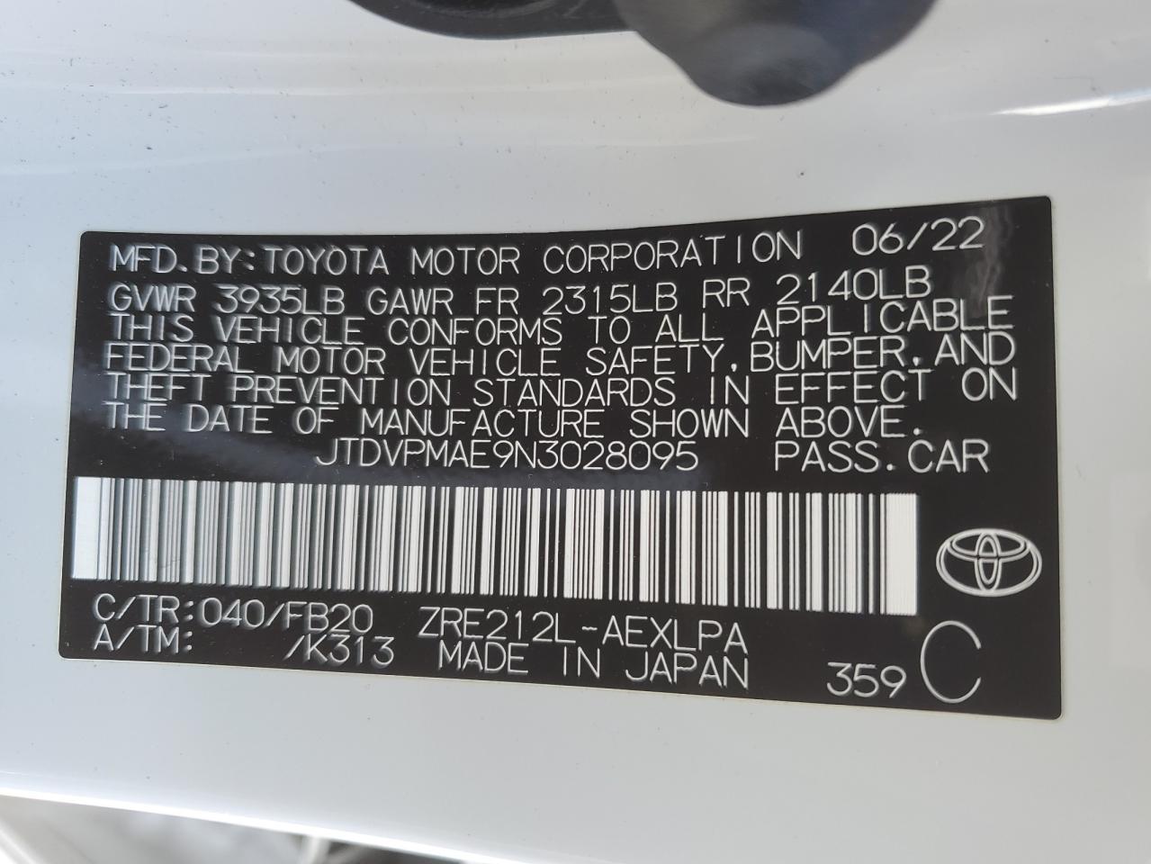 2022 TOYOTA COROLLA LE VIN:JTDVPMAE9N3028095