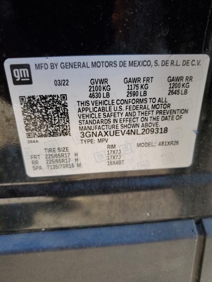 2022 CHEVROLET EQUINOX LT VIN:3GNAXUEV4NL209318
