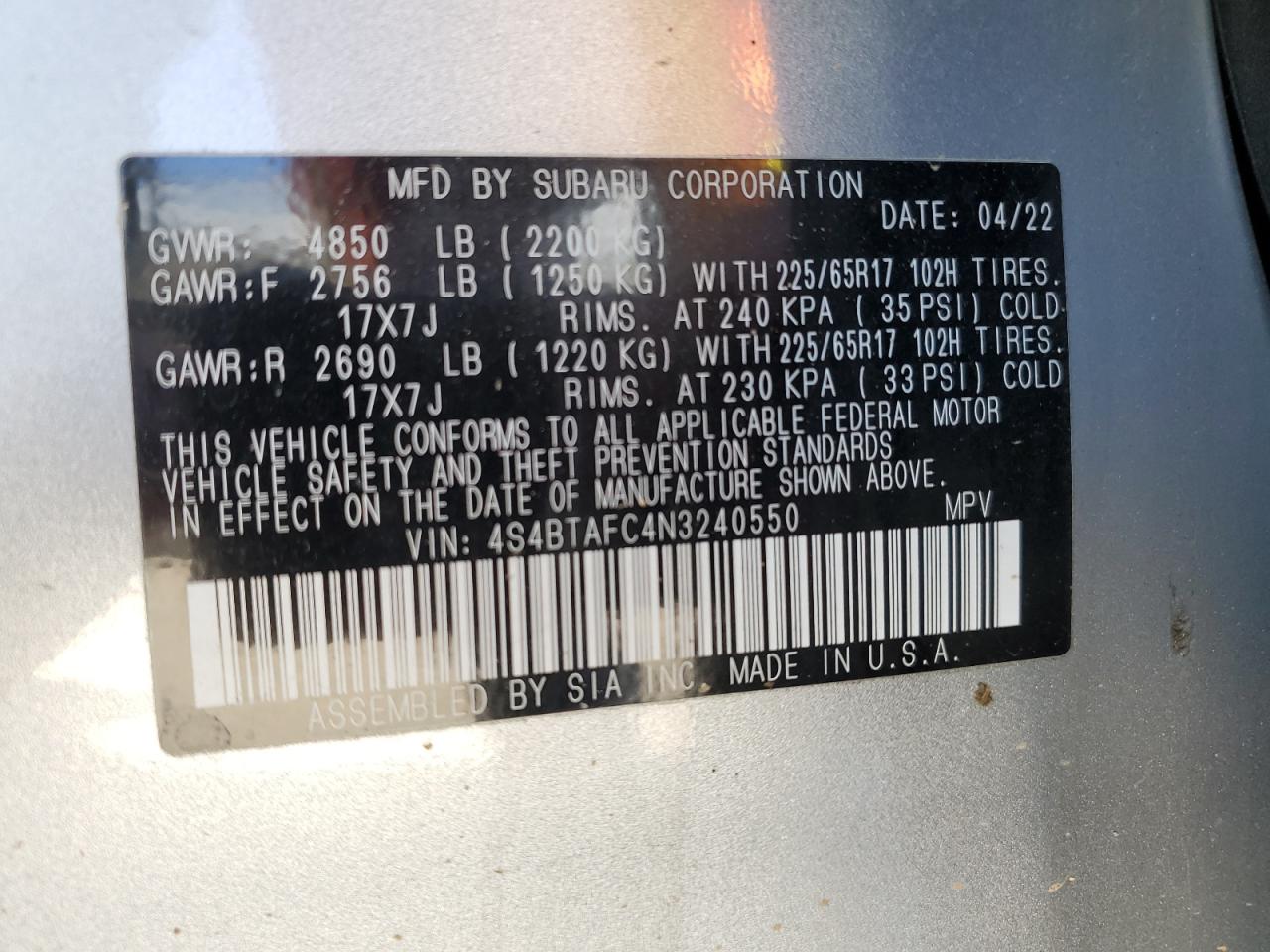 2022 SUBARU OUTBACK PREMIUM VIN:4S4BTAFC4N3240550