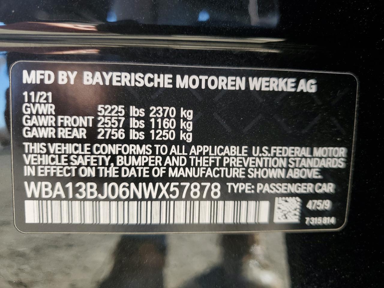 2022 BMW 530 XI VIN:WBA13BJ06NWX57878