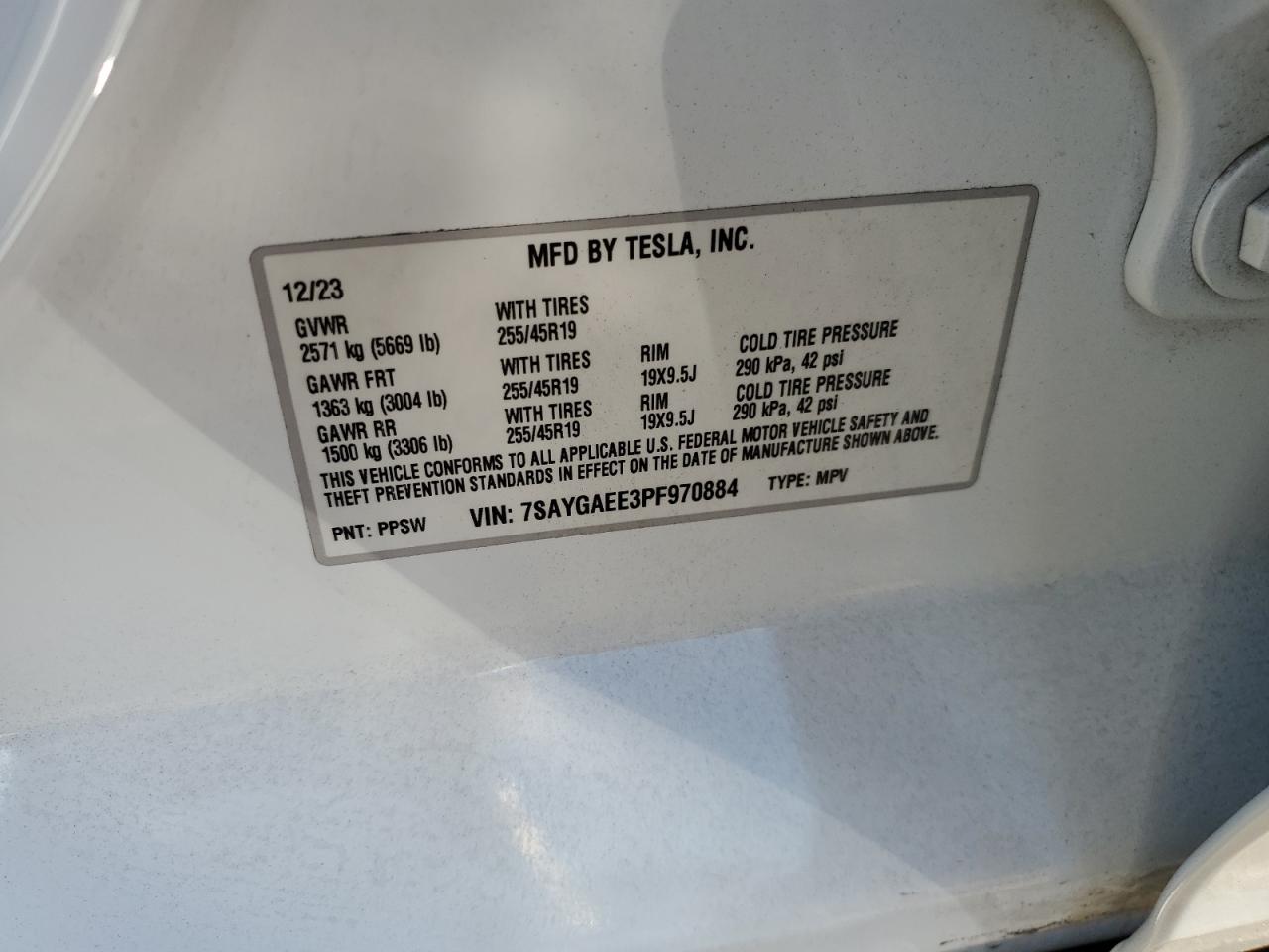 2023 TESLA MODEL Y VIN:7SAYGAEE3PF970884