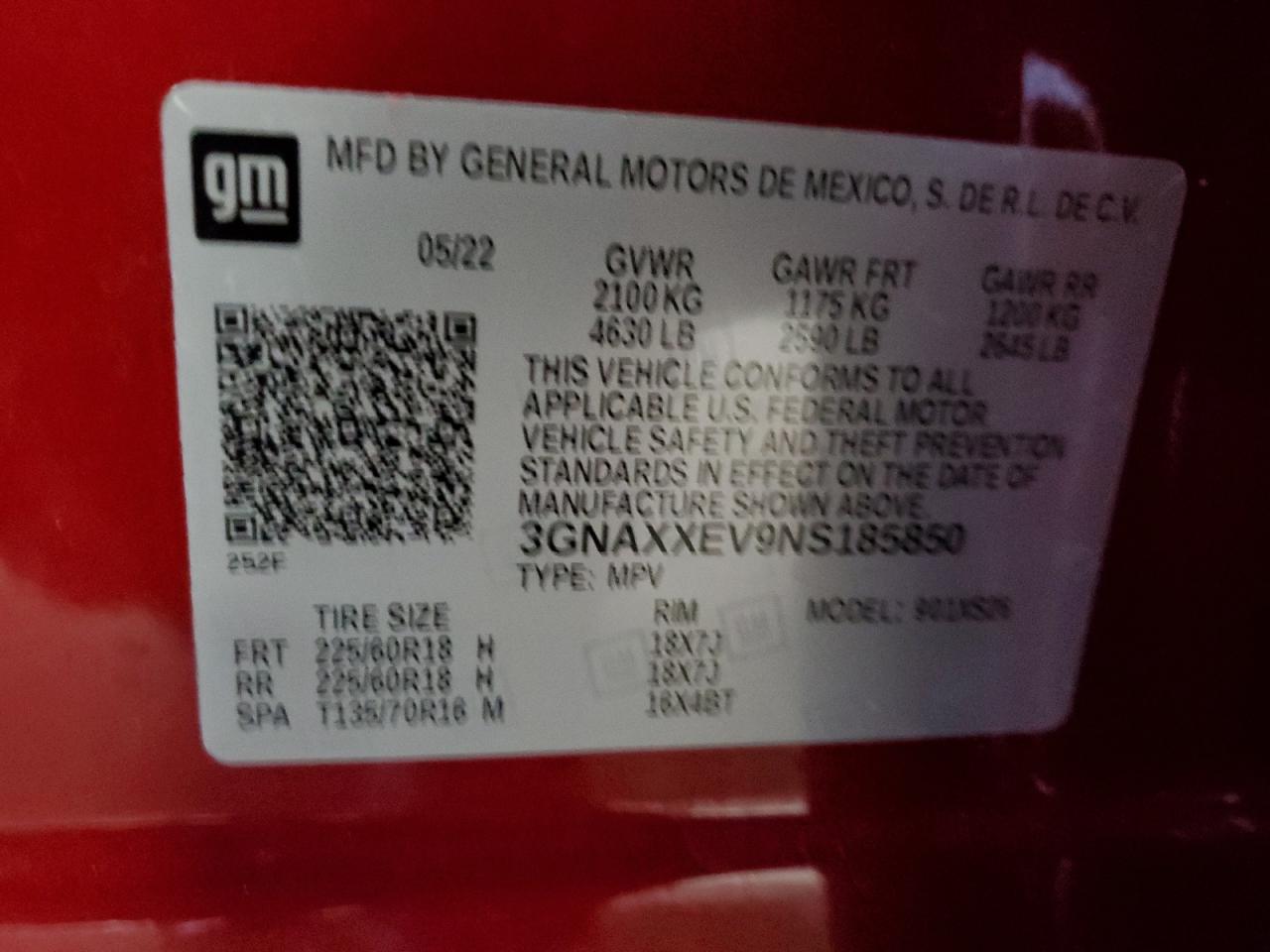 2022 CHEVROLET EQUINOX PREMIER VIN:3GNAXXEV9NS185850