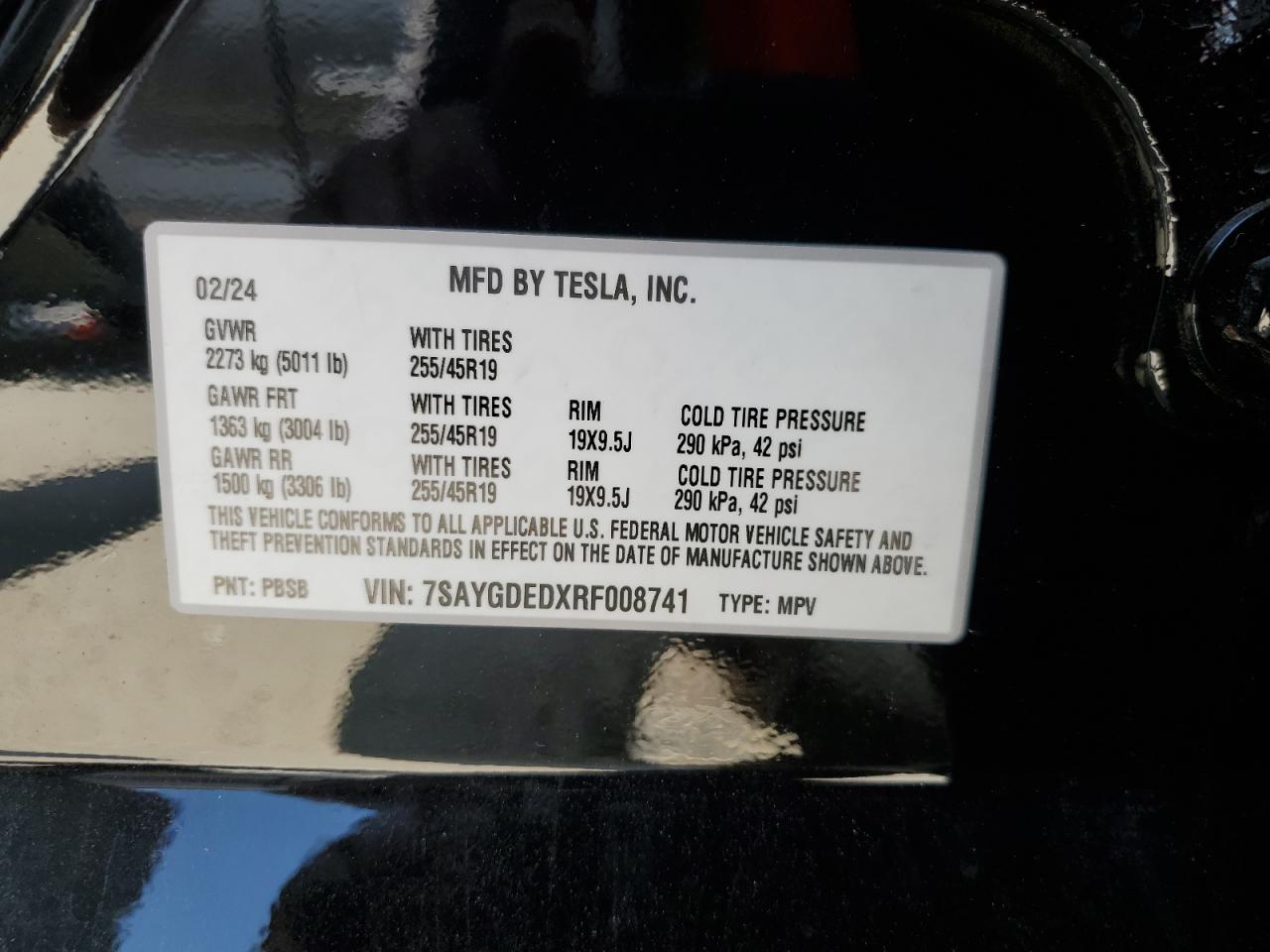 2024 TESLA MODEL Y VIN:7SAYGDEDXRF008741