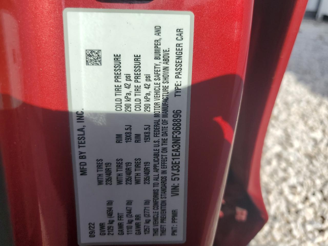 2022 TESLA MODEL 3 VIN:5YJ3E1EA3NF368896