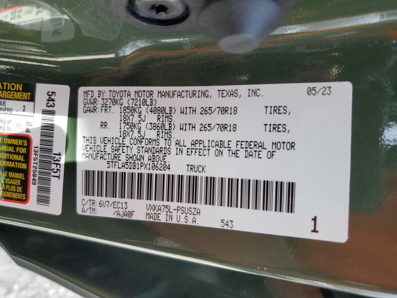 2023 TOYOTA TUNDRA CREWMAX SR VIN:5TFLA5DB1PX106204