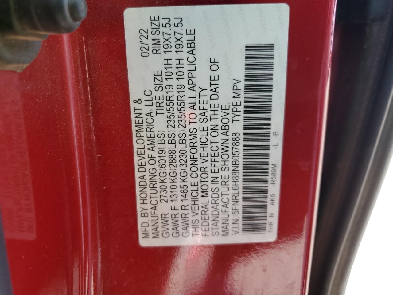 2022 HONDA ODYSSEY TOURING VIN:5FNRL6H88NB057888