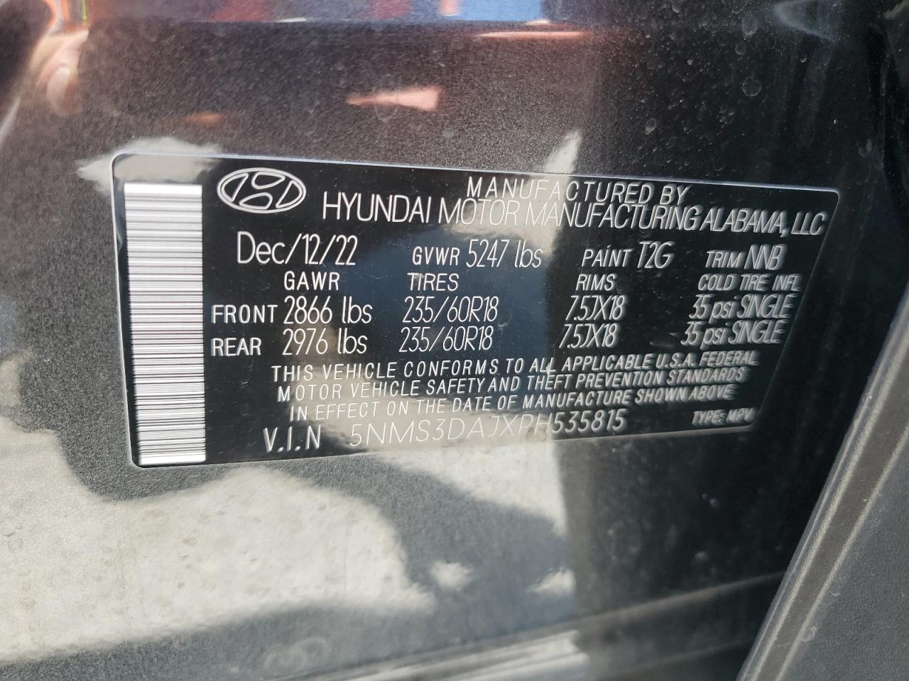 2023 HYUNDAI SANTA FE SEL PREMIUM VIN:5NMS3DAJXPH535815