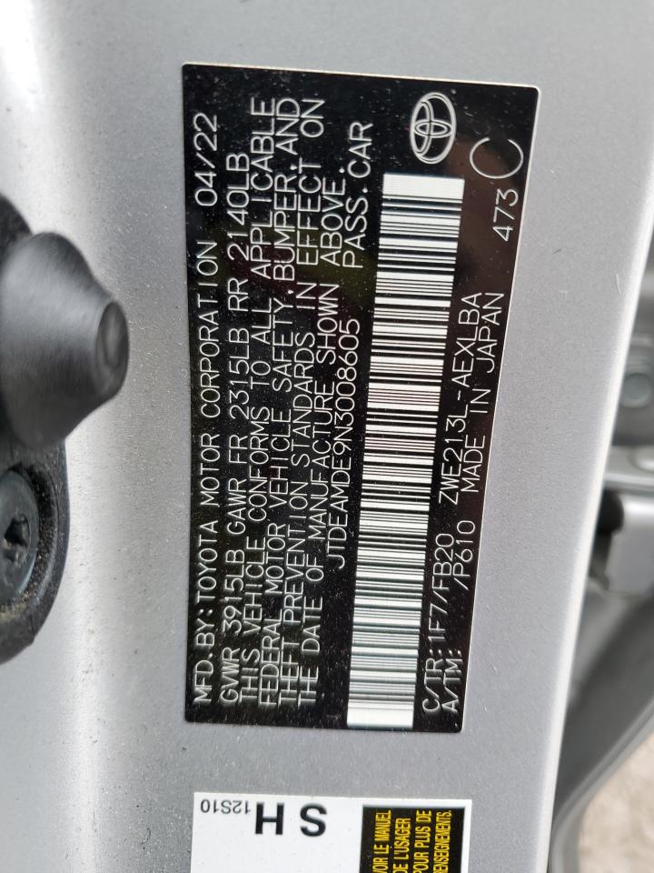 2022 TOYOTA COROLLA LE VIN:JTDEAMDE9N3008605