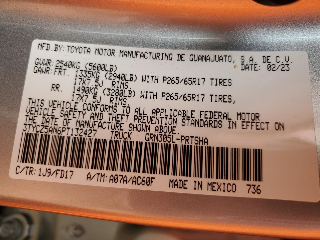 2023 TOYOTA TACOMA DOUBLE CAB VIN:3TYCZ5AN6PT132427