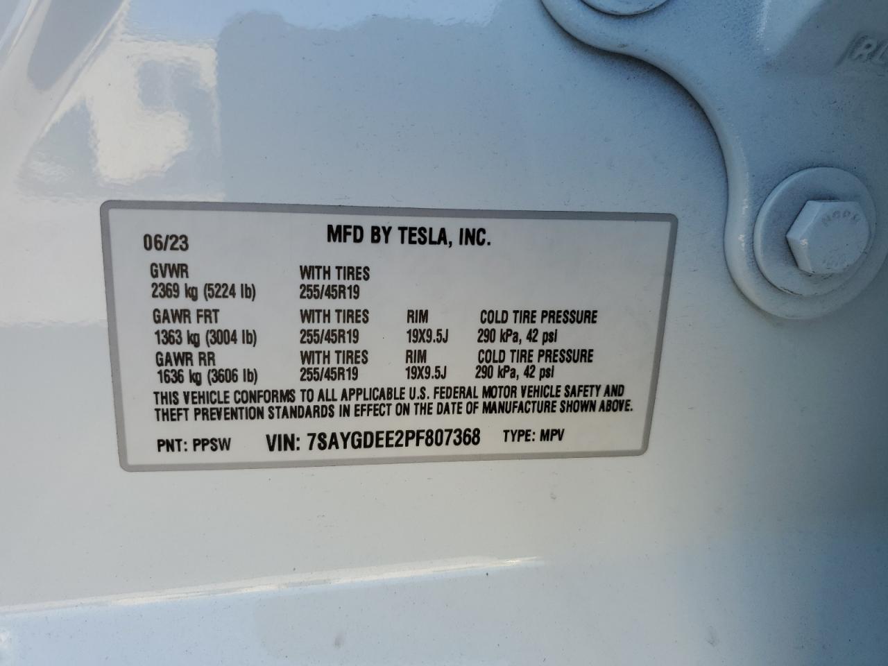 2023 TESLA MODEL Y VIN:7SAYGDEE2PF807368