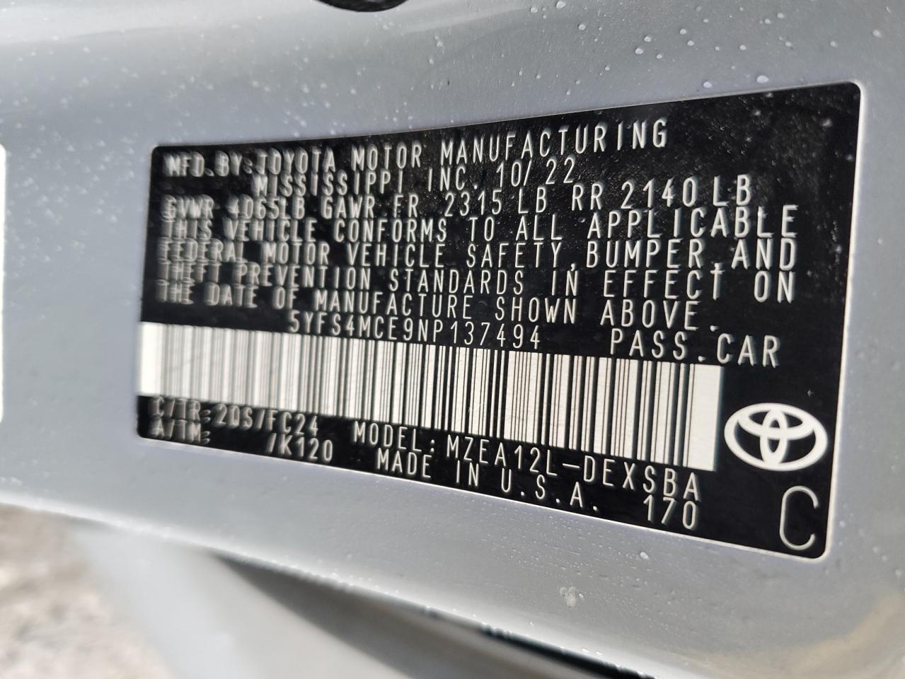 2022 TOYOTA COROLLA SE VIN:5YFS4MCE9NP137494