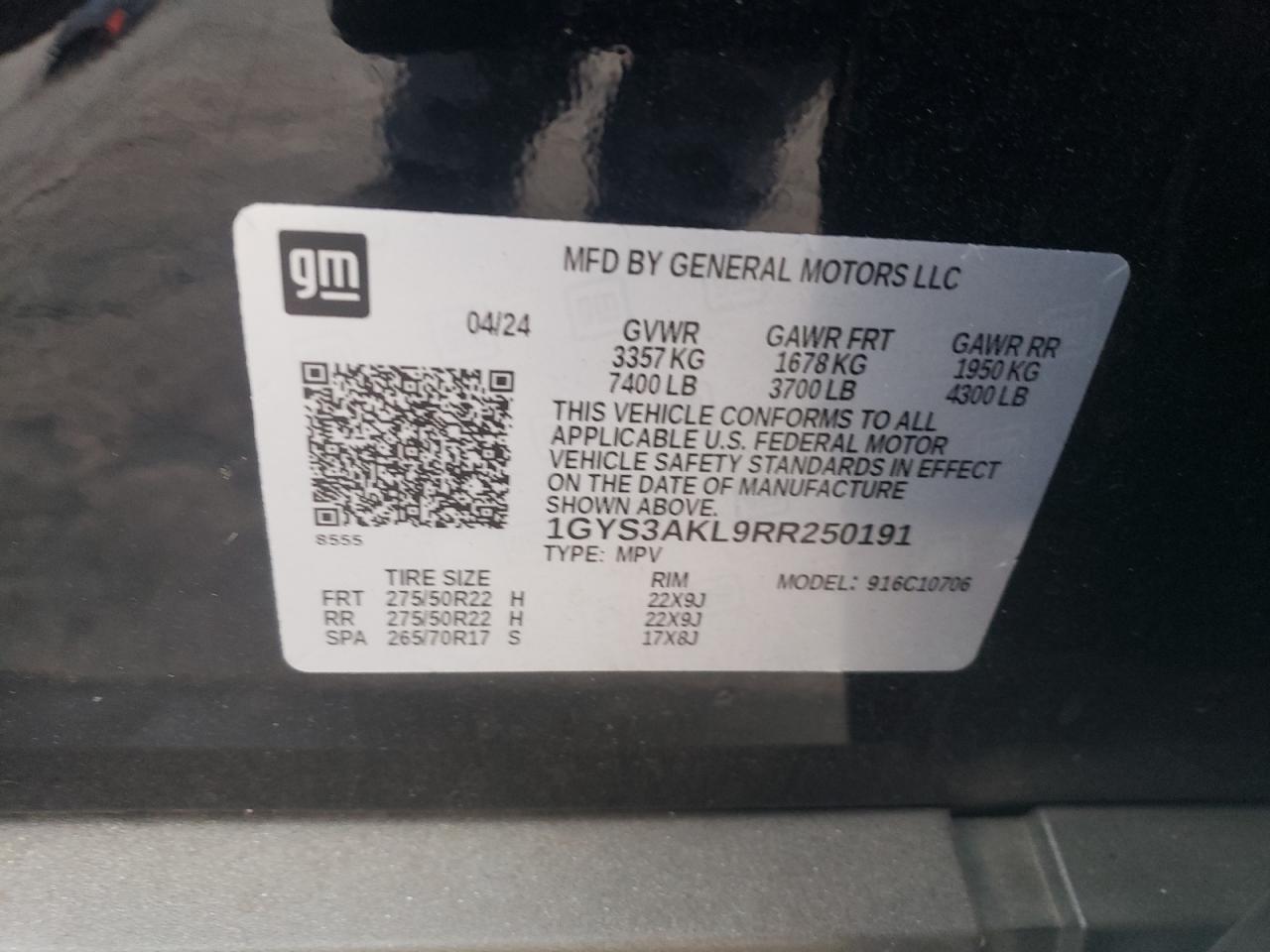 2024 CADILLAC ESCALADE LUXURY VIN:1GYS3AKL9RR250191