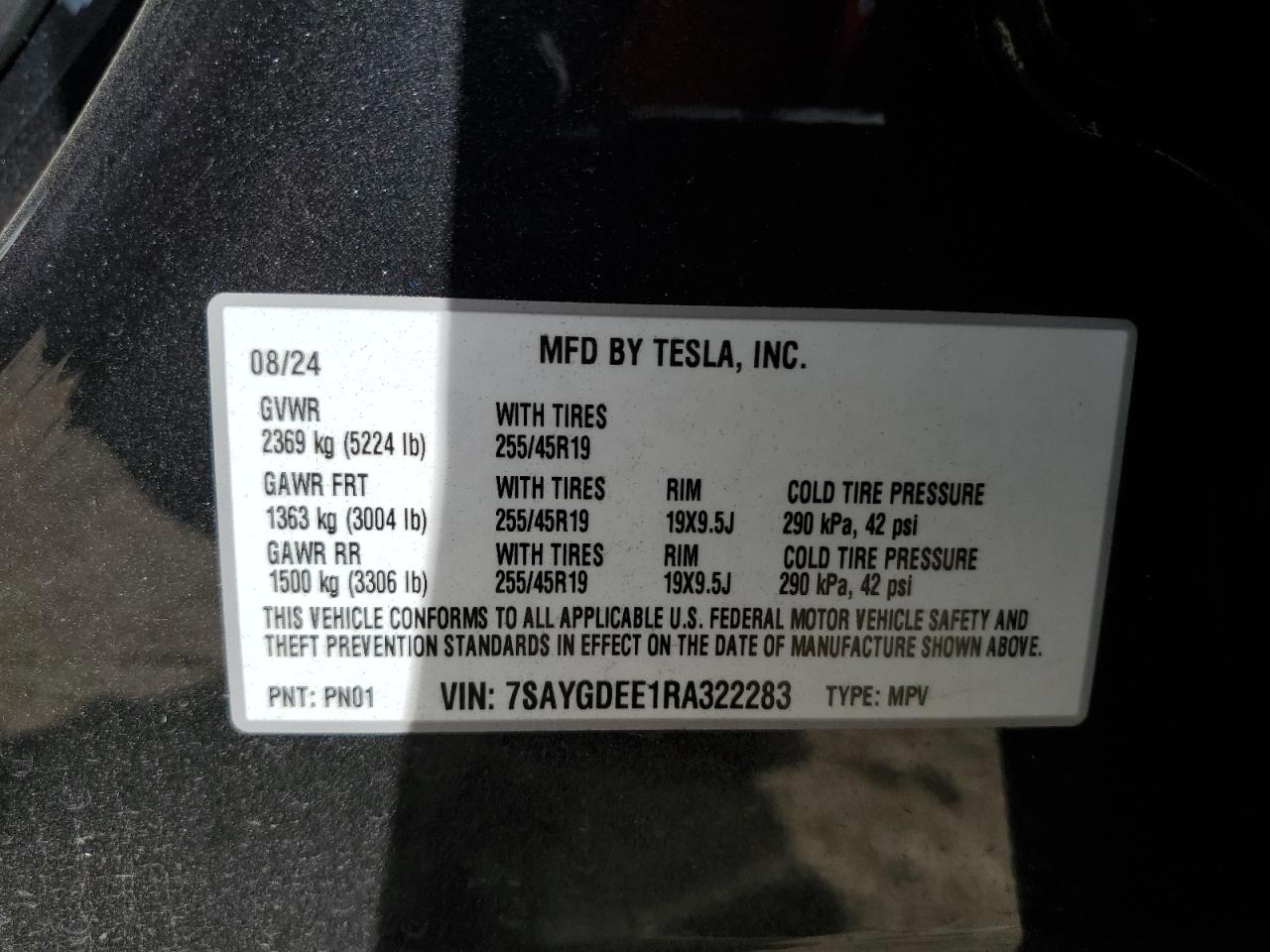 2024 TESLA MODEL Y VIN:7SAYGDEE1RA322283