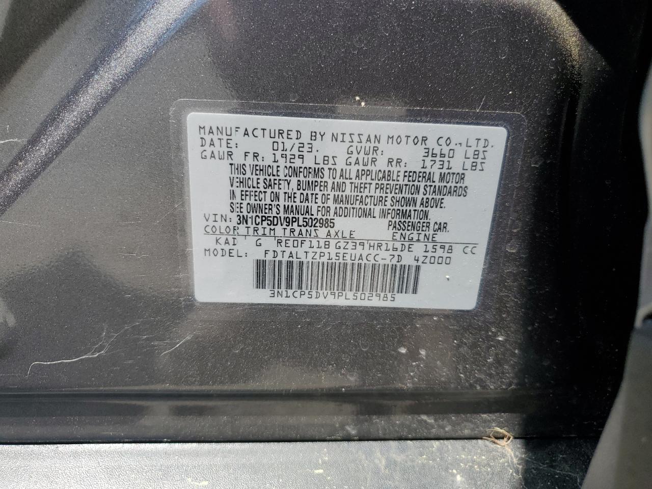 2023 NISSAN KICKS SR VIN:3N1CP5DV9PL502985