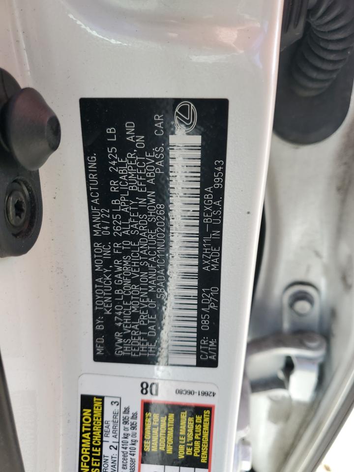 2022 LEXUS ES 300H BASE VIN:58ADA1C11NU020268