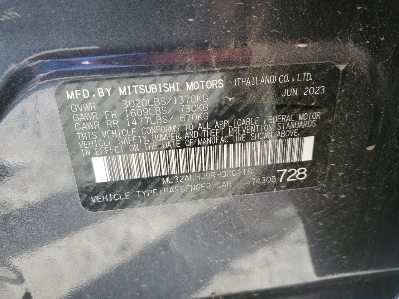 2024 MITSUBISHI MIRAGE ES VIN:ML32AUHJ9RH000218