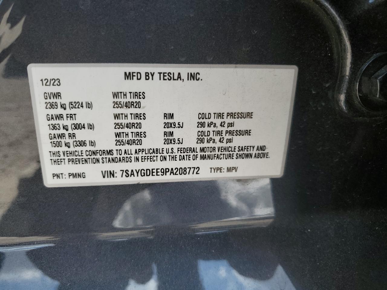 2023 TESLA MODEL Y VIN:7SAYGDEE9PA208772
