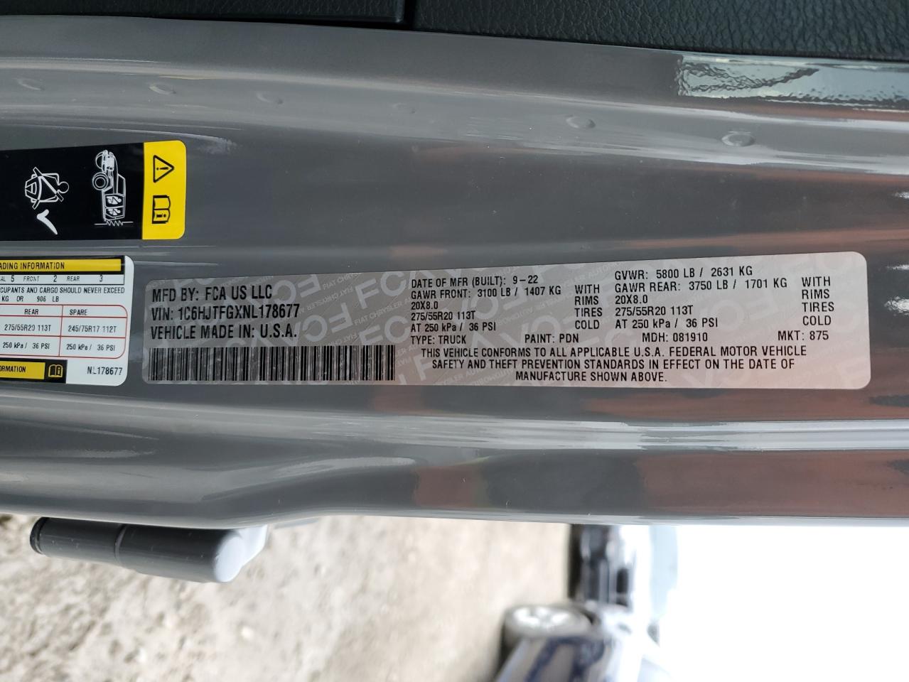 2022 JEEP GLADIATOR OVERLAND VIN:1C6HJTFGXNL178677