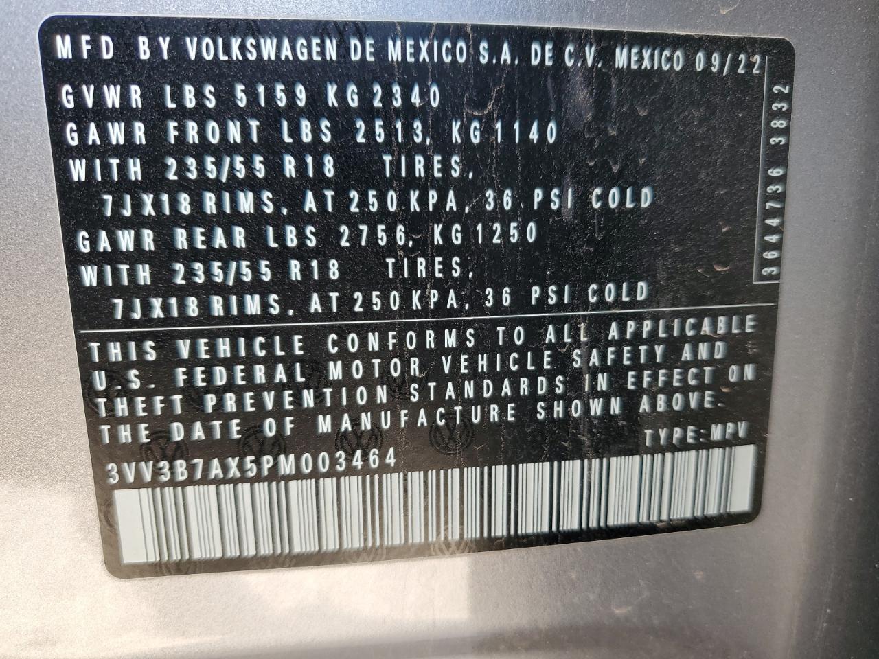 2023 VOLKSWAGEN TIGUAN SE VIN:3VV3B7AX5PM003464