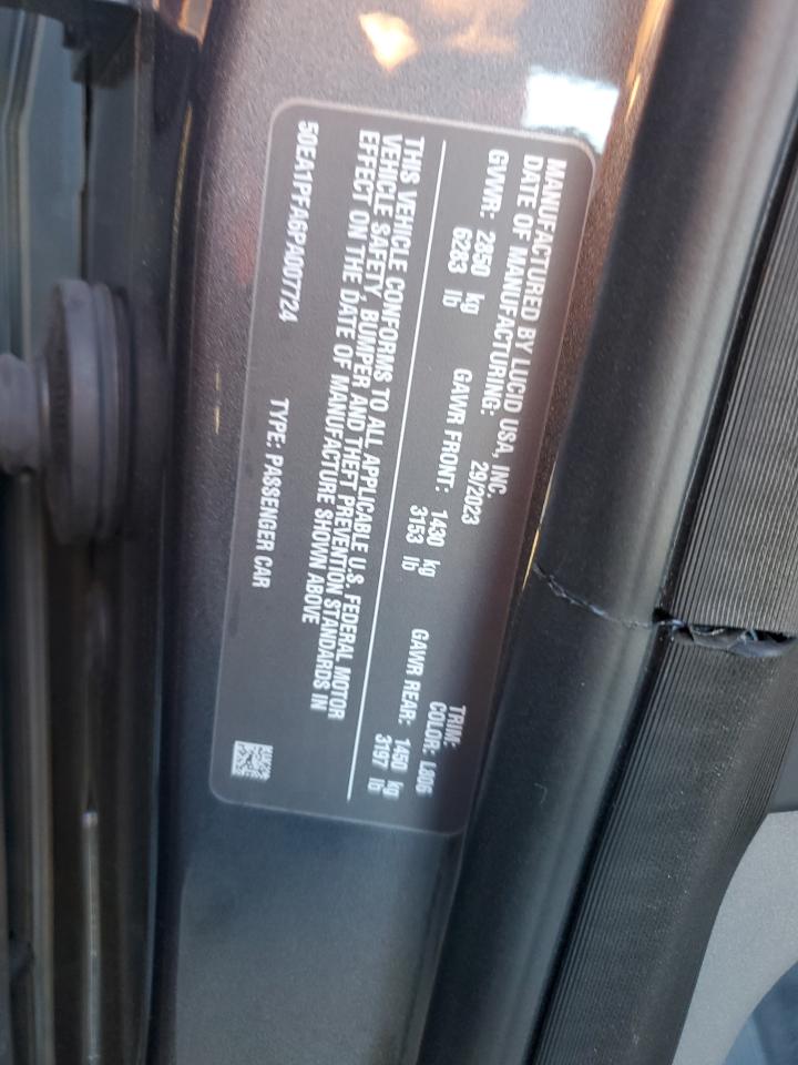 2023 LUCID MOTORS AIR PURE VIN:50EA1PFA6PA007724