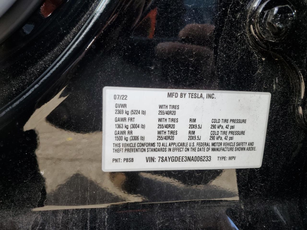 2022 TESLA MODEL Y VIN:7SAYGDEE3NA006233