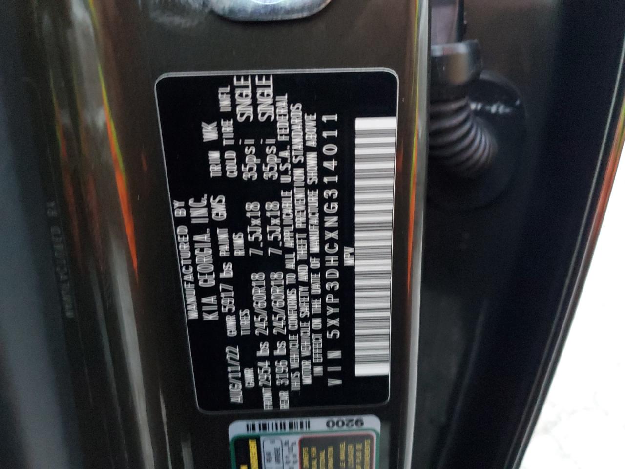 2022 KIA TELLURIDE EX VIN:5XYP3DHCXNG314011