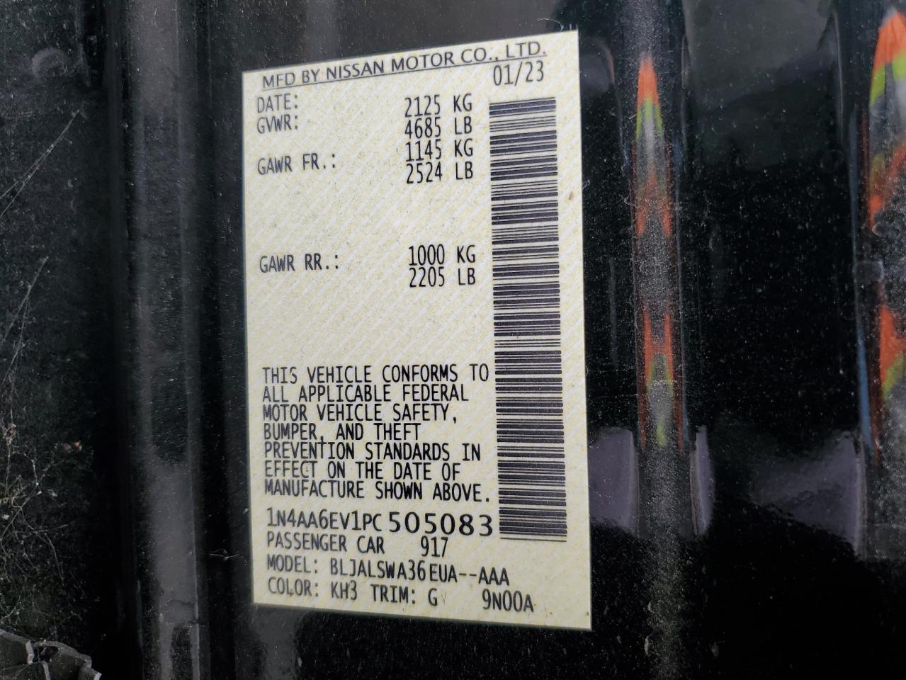 2023 NISSAN MAXIMA SR VIN:1N4AA6EV1PC505083